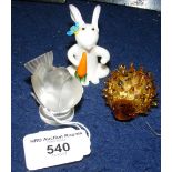 A small Lalique frosted glass bird ornament, together with hedgehog and bunny