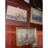 Antique engraving - ships in rough sea, together with oil on canvas and one other