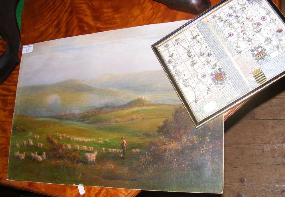 FRED MILLER - oil on board - sheep and pasture scene, together with an antique map