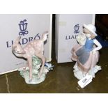 A boxed Lladro figurine - young girl carrying flowers, together with one other of a fawn