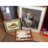 Antique mezzotint of lady cradling husband, together with an engraving of Galway Sea Trout and