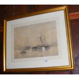 A 19th century watercolour of HMS Victory in Portsmouth Harbour - 26cm x 40cm