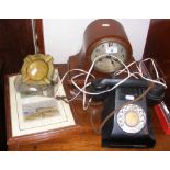 An old Bakelite telephone, mantel clock, etc.