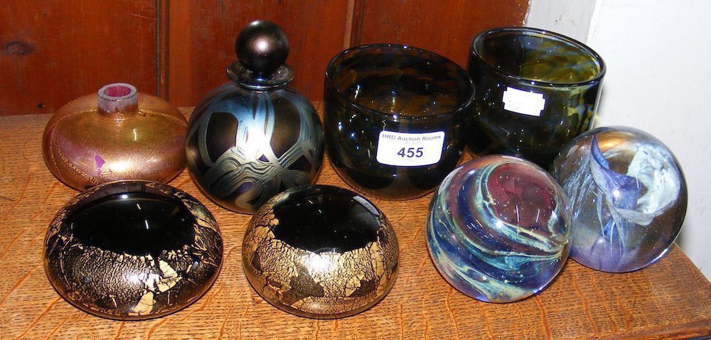 Isle of Wight and other glass paperweights, ditto perfume flask, etc.