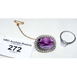 An amethyst and seed pearl brooch, together with a Solitaire dress ring