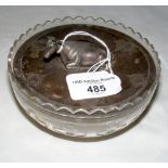 Victorian glass butter dish with engraved silver lid and cow mount
