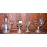 Silver mounted decanter, engraved goblet, etc.