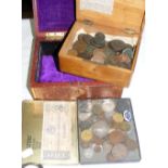 Various collectable coinage in jewellery box and other