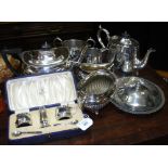 A silver cased condiment set, together with other silver plated ware