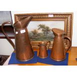 Antique oil on canvas, together with three copper jugs