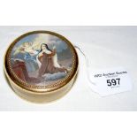 A fine quality antique ivory circular two section trinket box - the top with painted miniature - the