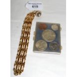 A lady's gold dress ring, bracelet, together with coins