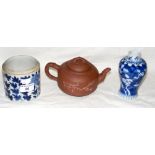 A small oriental baluster vase with signature to base, together with terracotta teapot, etc.