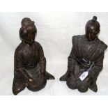 A pair of bronze? 30cm high figures of Japanese Samurai with wife kneeling