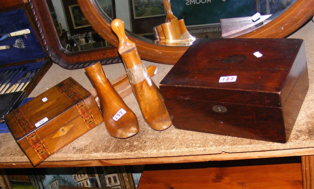 Pair of wooden shoe stretchers, jewellery box