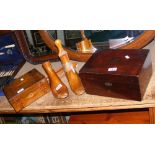 Pair of wooden shoe stretchers, jewellery box