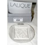 A Lalique frosted glass pin dish with swirling naked female design - 9cm diameter - with original