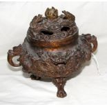 A bronze Koro, with jade ball finial and dragons chasing flaming pearl design - 16cm high - with