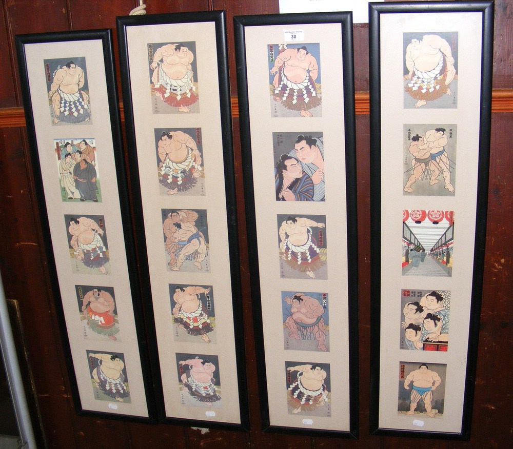 Set of four coloured prints of sumo wrestlers