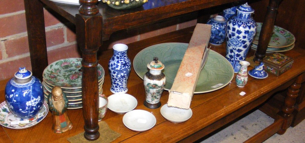 Selection of oriental collectables, including Celadon style plates, vases, etc.