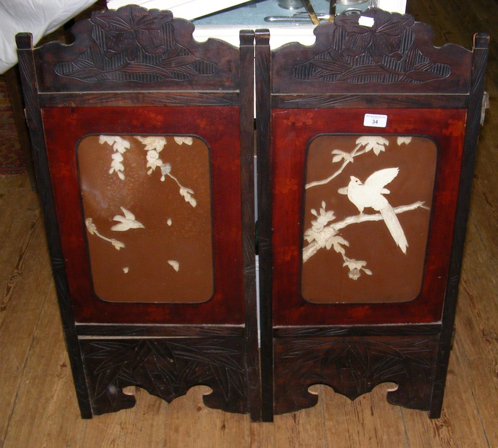 Pair of 87cm high oriental panels with applied ivory decoration