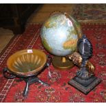 A Danish globe on stand, together with two other ornaments