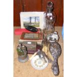 Silver top decanter, dressing table brushes, collectables