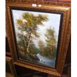 Oil on canvas of river fishing scene in gilt frame
