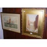 Watercolour of fishing boat in rough seas, together with one other