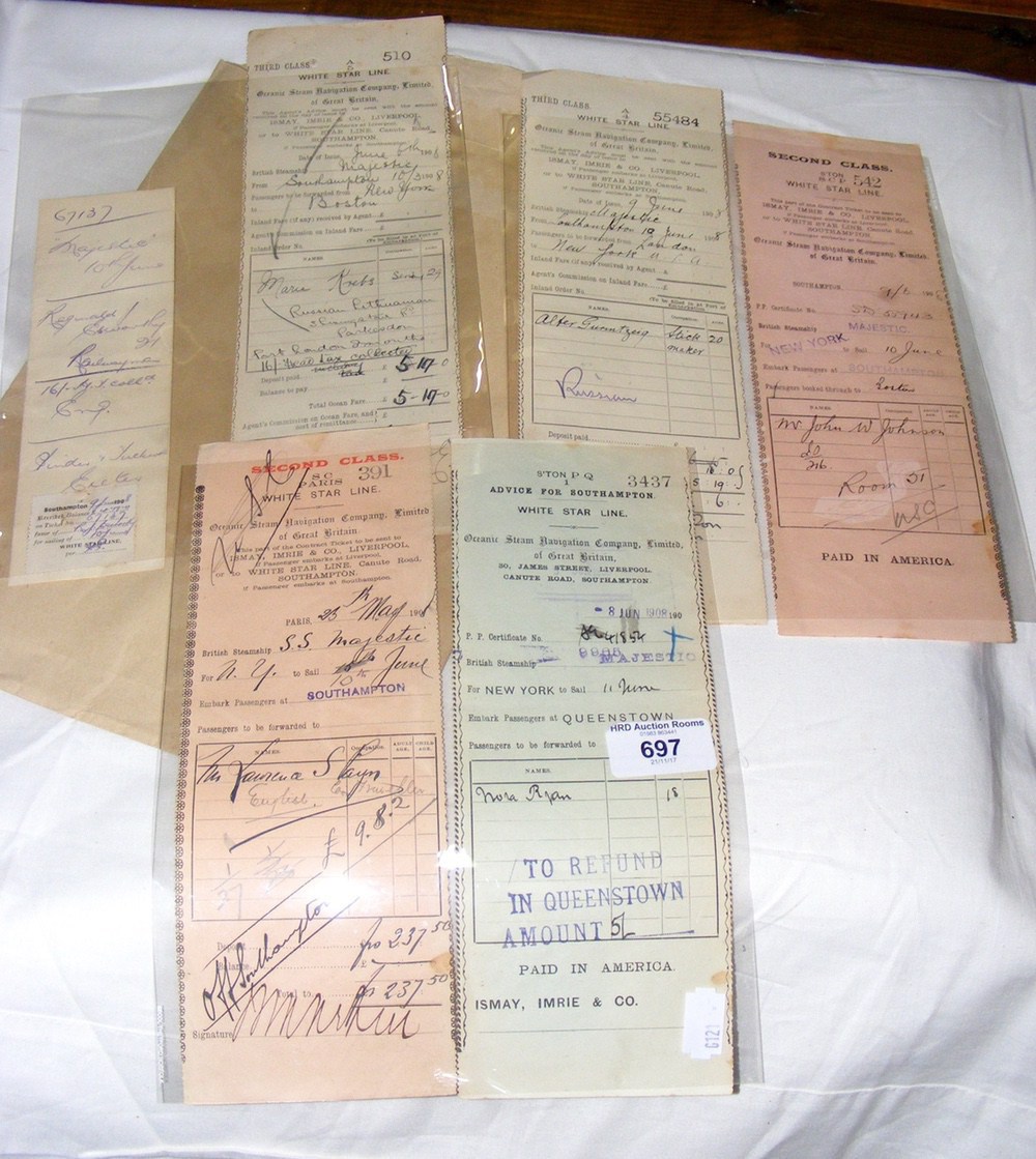 Five tickets/receipts for White Star liner "Majestic" - 1908