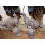 A pair of 100cm high bronze garden ornaments - prancing Stags