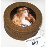 An Art Nouveau circular trinket box with signed enamel portrait panel to the centre - 9cm diameter