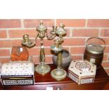 Various collectables, including candlesticks, boxes