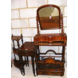 A Victorian inlaid walnut canterbury for restoration, worktable, toilet mirror and whatnot