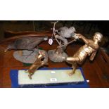 French Art Deco figure of dancing girl and goat, together with two stuffed and mounted birds