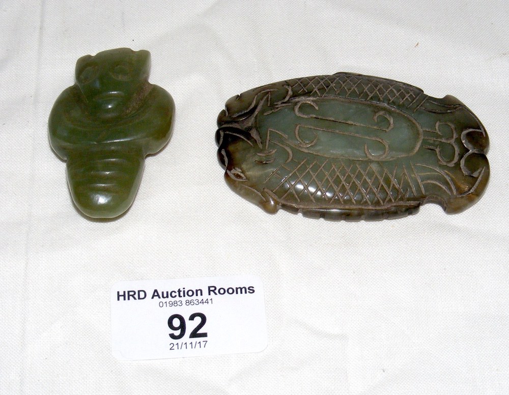 An unusual carved jade netsuke, together with a carved jade fish pendant - 7.5cm long