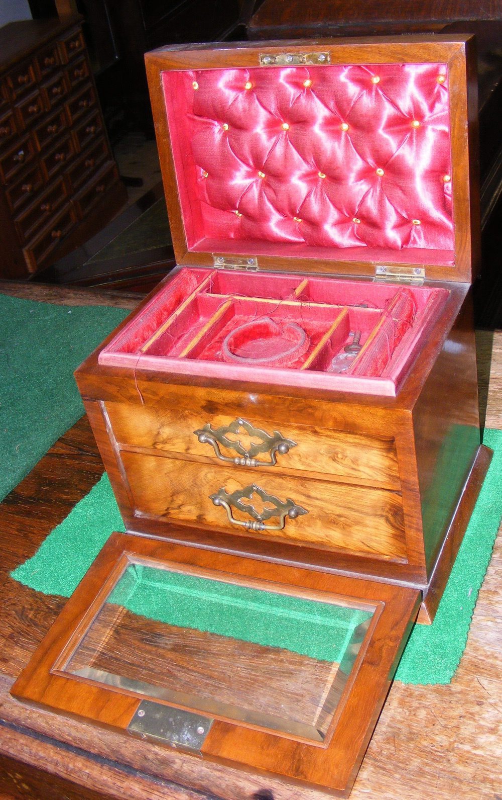 Victorian glass fronted jewellery box with two drawers to the interior