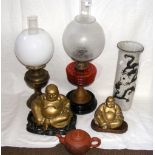 Oil lamps, oriental vase, etc.