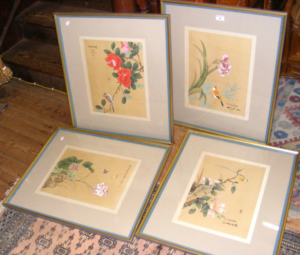 Set of four Japanese framed and glazed prints with signatures - each 32cm x 40cm