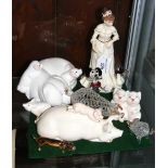 Royal Doulton figure "Country Girl", together with Beswick pig ornaments, etc.