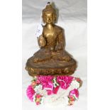 Gilt deity figure with decorative beadwork necklace - standing 25cm high