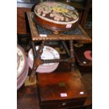 A small antique square occasional table, together with a footstool and jewellery box