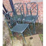 Matching set of four green painted metal garden chairs
