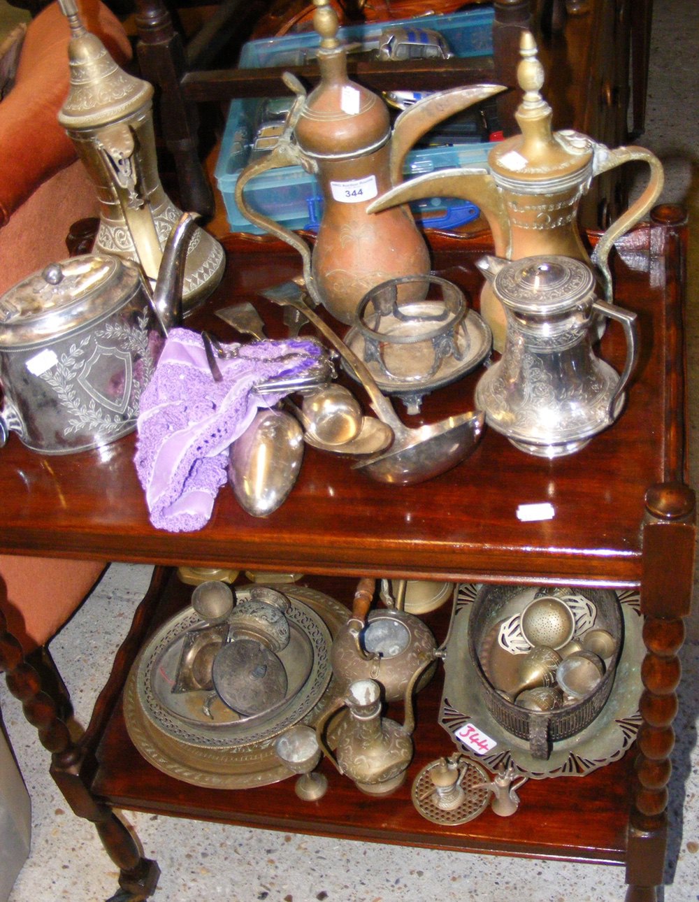 Old Turkish coffee pots, together with other metalware