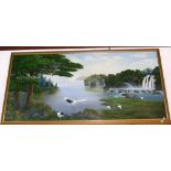 An extremely large oil on board - oriental picture of Cranes at rest in lake and waterfall scene -