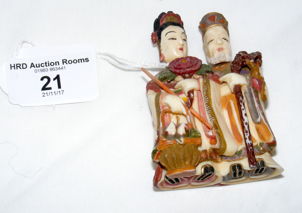 Antique carved ivory double snuff bottle, depicting man and wife inro - 7.5cm high x 5cm wide