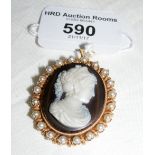 A fine quality gold mounted oval agate set Cameo brooch, carved as a classical lady, within a wire
