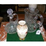 A cut glass jug, decanter and oriental vase