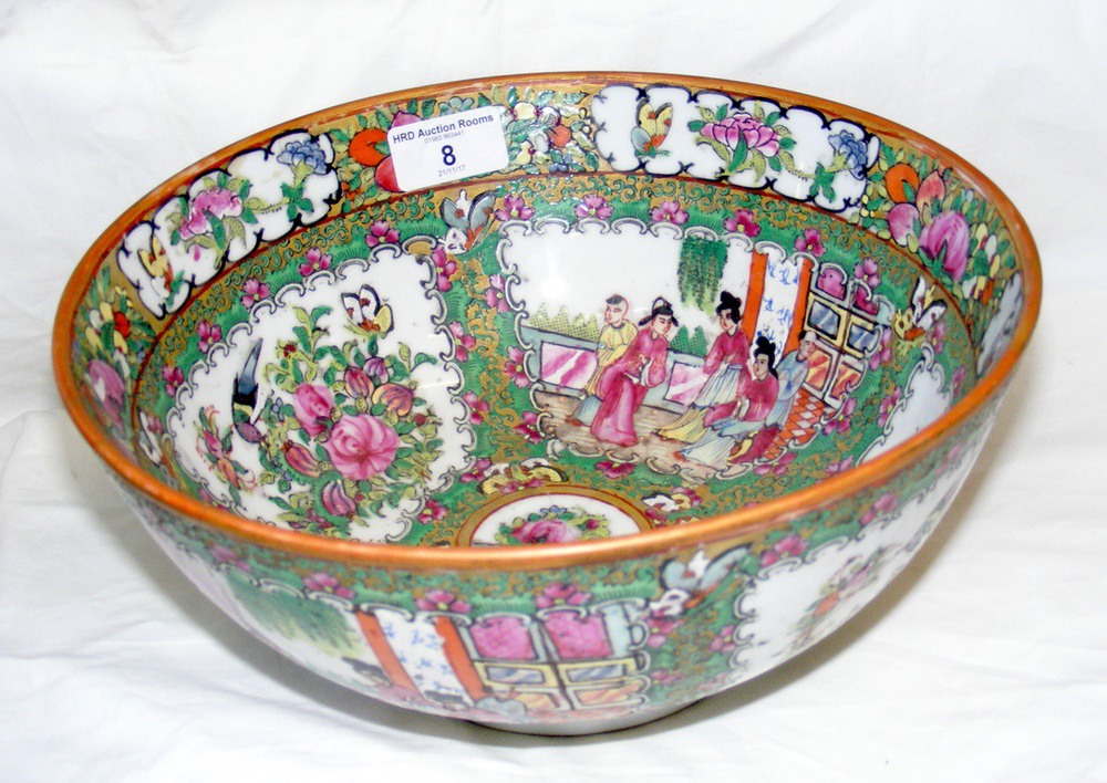 Decorative oriental bowl with bird, flower and domestic scenes - 26cm diameter - having signature to