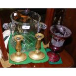 A glass wine cooler, antique candlesticks, Raffles Hotel, Singapore, umbrella, etc.